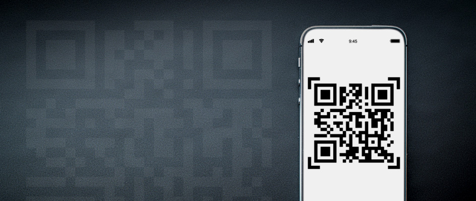 QR code on white mobile phone with large QR hologram in brackground