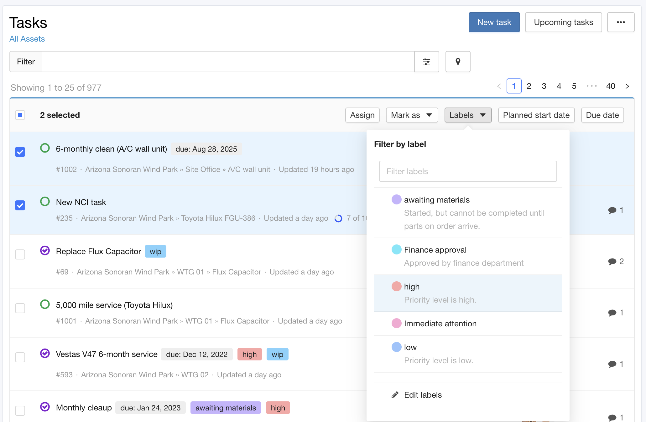 Maintainly CMMS task list page with two work orders selected and labels