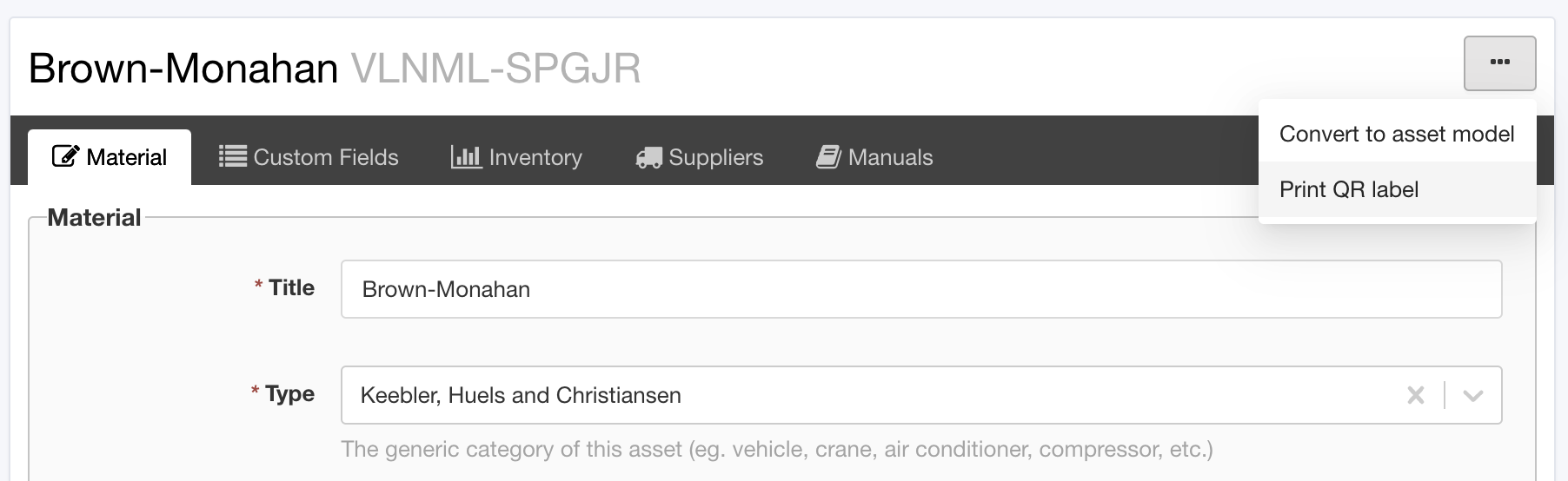 Print inventory QR labels from individual material page | Maintainly