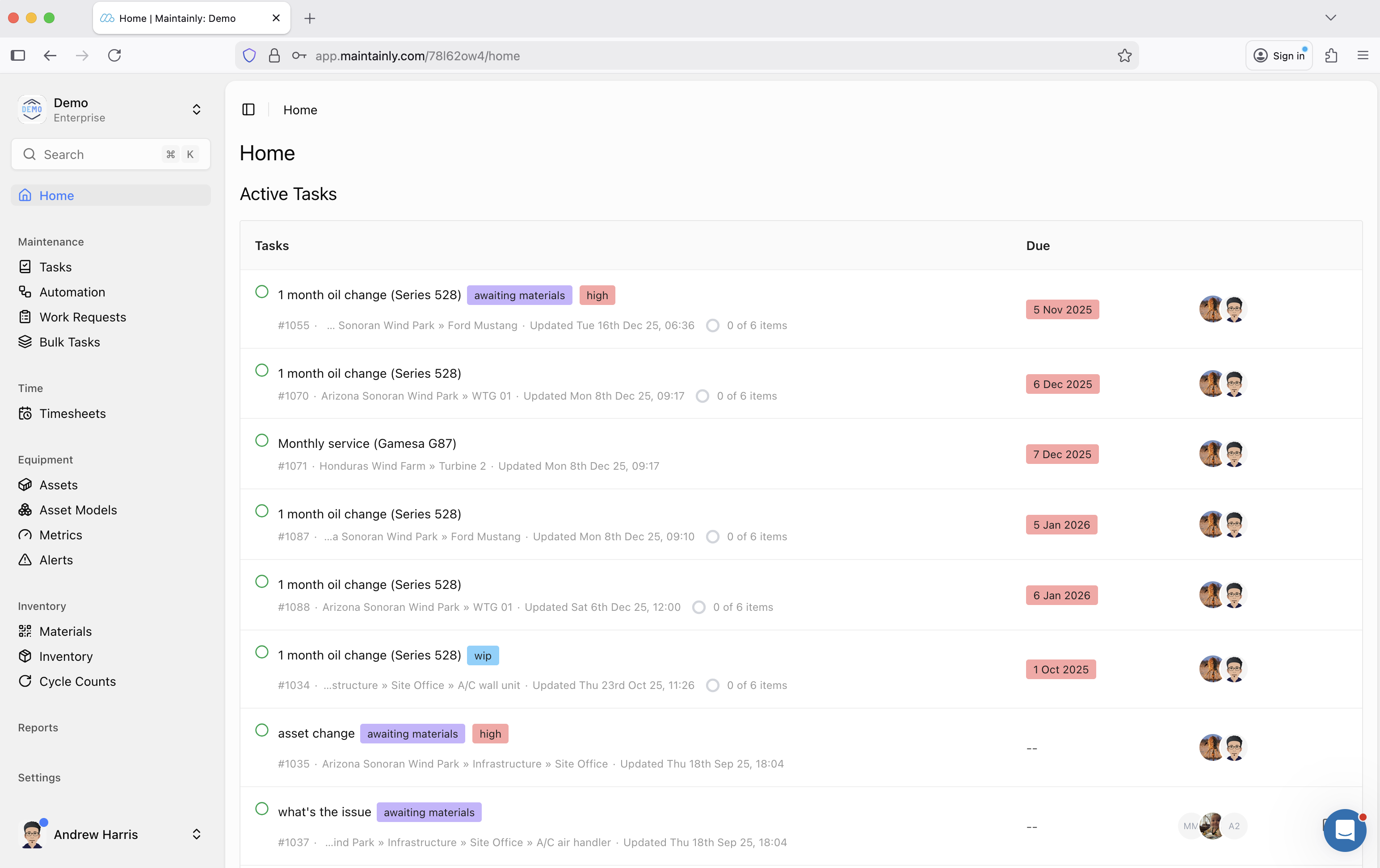 Maintainly new UI released 2026 | List of active preventive and reactive tasks