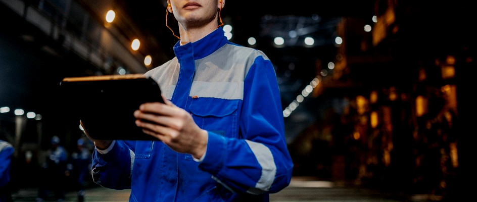 CMMS for Manufacturing user with tablet on factory floor