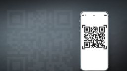 QR code on white mobile phone with large QR hologram in brackground