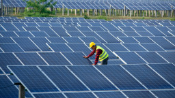 maintenance worker inspection on field of solar panels
