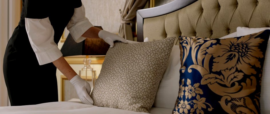 Housekeeper in a black uniform and white gloves arranging cushions on a made bed in a hotel guest room
