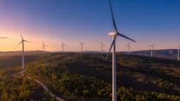 wind turbines scattered across rolling hills at sunrise