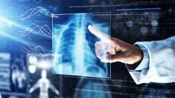 Doctor finger pointing at futuristic xray image