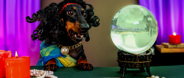 dog with wig sits in front of a crystal ball and next to a candle imitating a fortune teller
