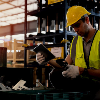 Warehouse worker scans inventory using mobile device | CMMS