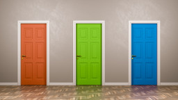 An orange door and a blue door with a green in between them