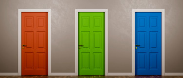 An orange door and a blue door with a green in between them