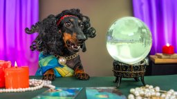dog with wig looks at crystal ball next to a candle imitating a fortune teller
