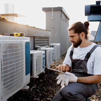 Maintenance worker inspects air conditioning condenser | CMMS