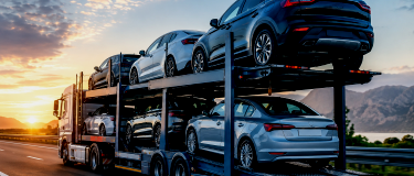 Car transporter loaded with two decks of vehicles driving along a highway at sunrise