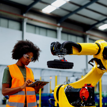 Women uses tablet in automated robot manufacturing facility