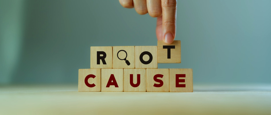 A finger places down blocks to spell out root cause