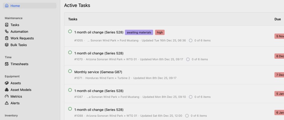 Maintainly new UI released 2026 | List of active preventive and reactive tasks