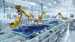 Solar panels on factory floor with manufacturing robots | CMMS