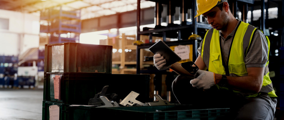 Maintenance worker tracks spare parts inventory with tablet | CMMS