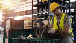 Maintenance worker tracks spare parts inventory with tablet | CMMS