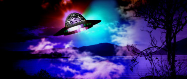Coloful UFO above a lake with mountains in the background