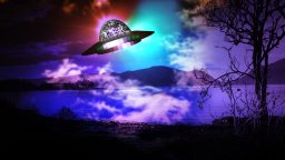 Coloful UFO above a lake with mountains in the background